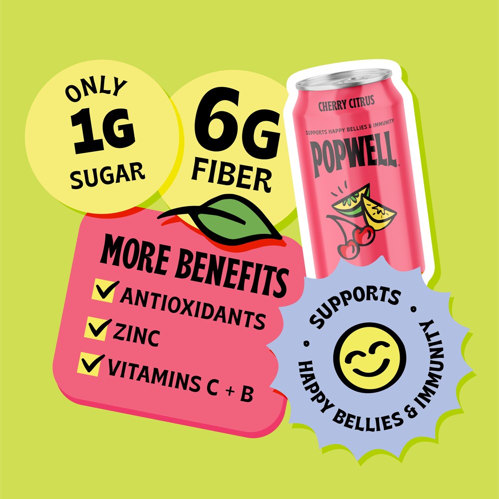 Popwell Cherry Citrus Prebiotic Soda - side of pack