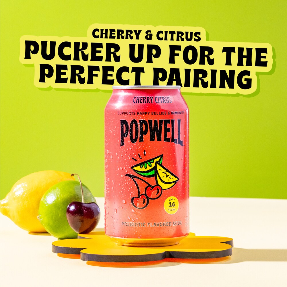 Popwell Cherry Citrus Prebiotic Soda - back of pack