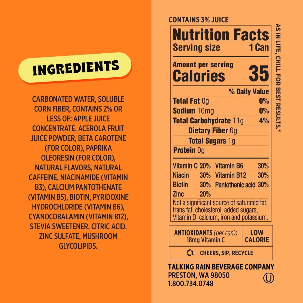 Popwell Orange Cream Prebiotic Soda - other side of pack