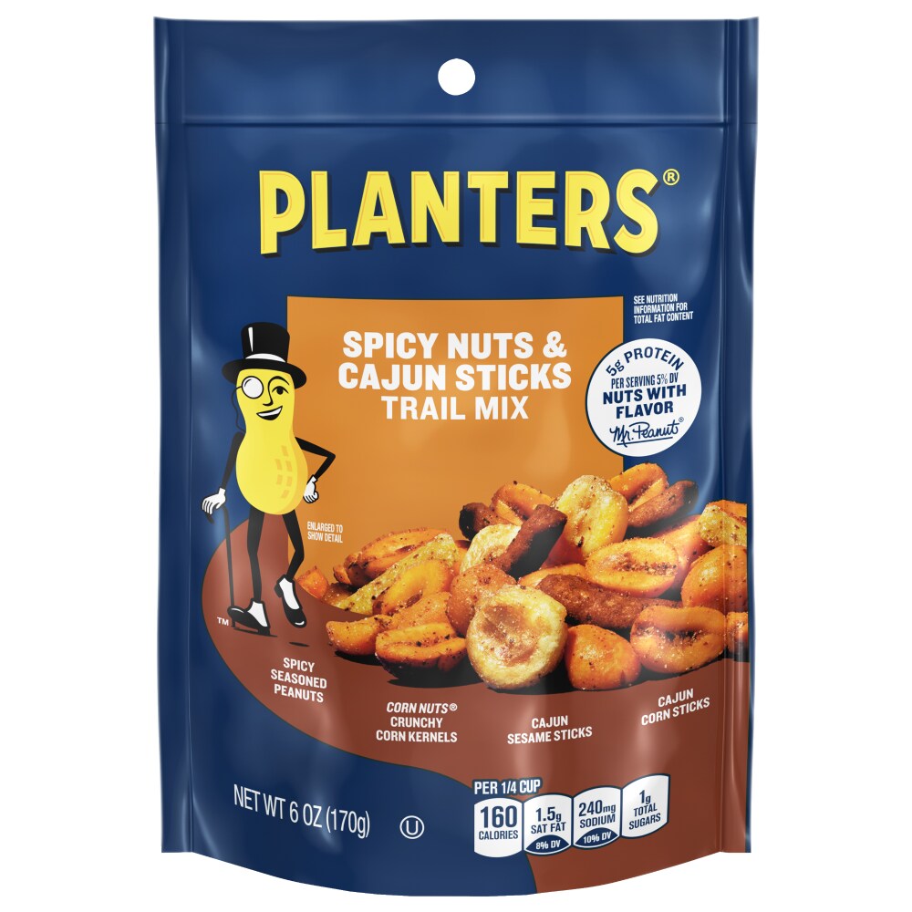 Planters Spicy Nuts & Cajun Sticks Trail Mix 6 oz bag, front