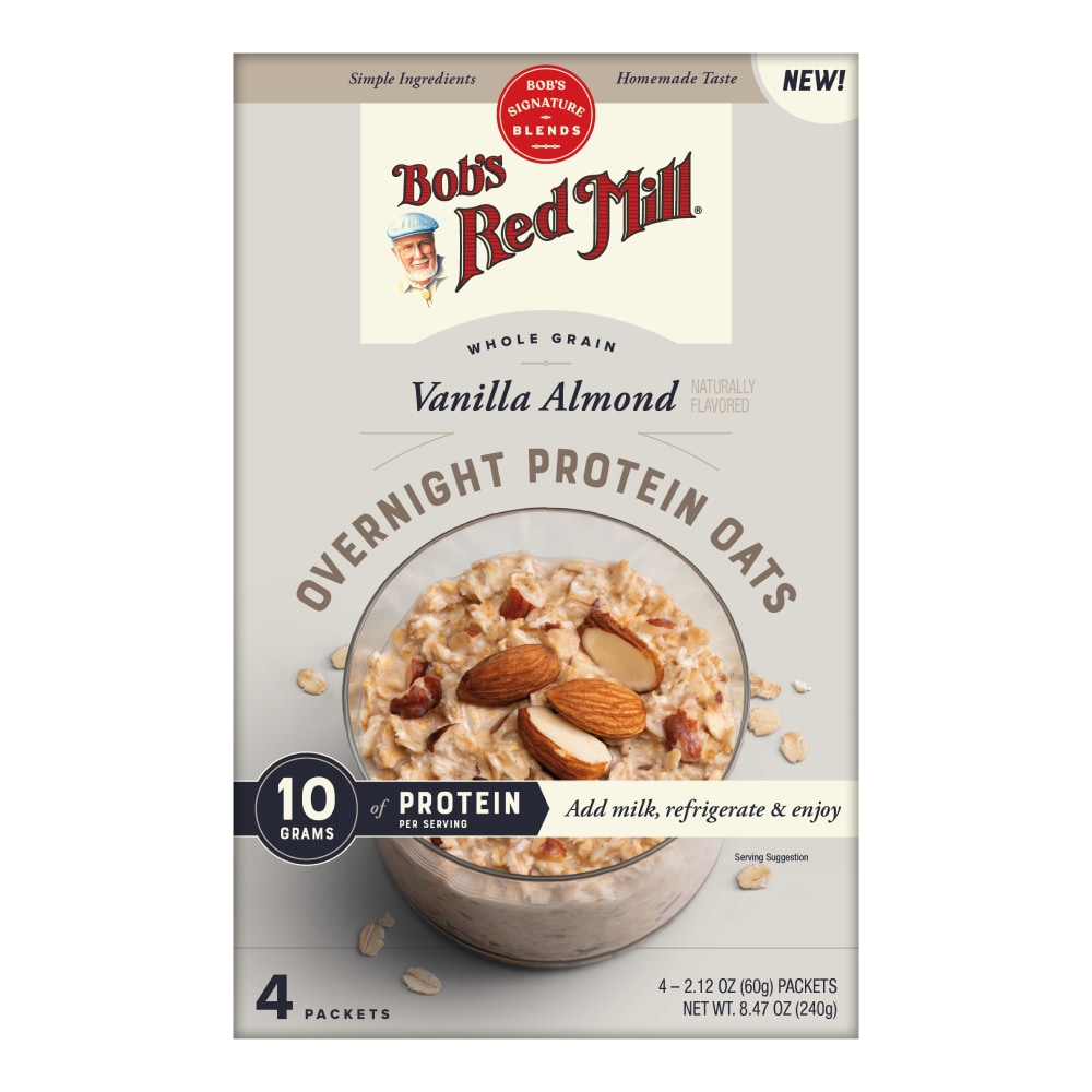 Bob's Red Mill Vanilla Almond Overnight Protein Oats box, front