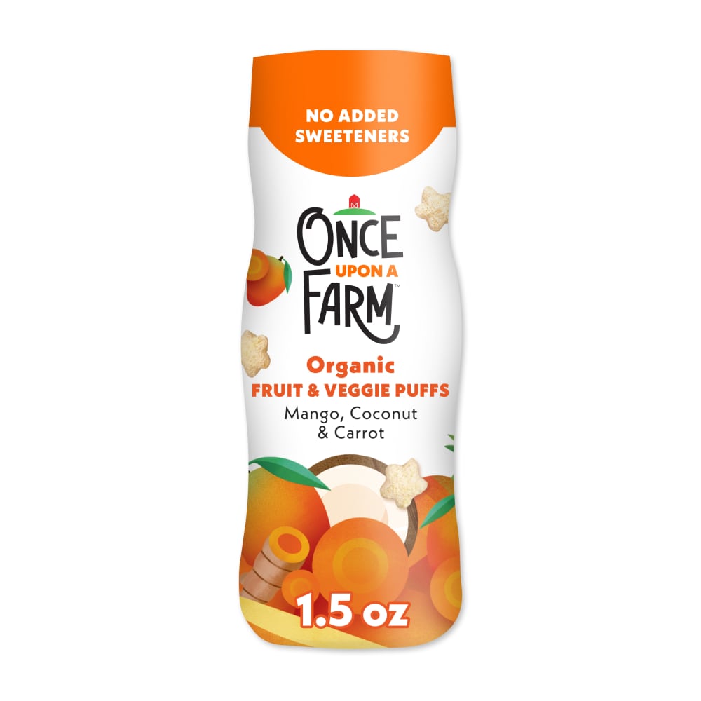Once Upon a Farm Mango Coconut Carrot puffs canister, front