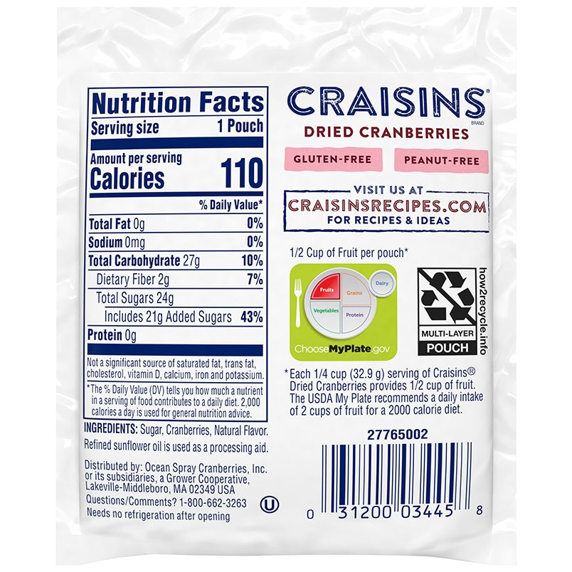 Craisins Strawberry 1.16 oz pouch, back