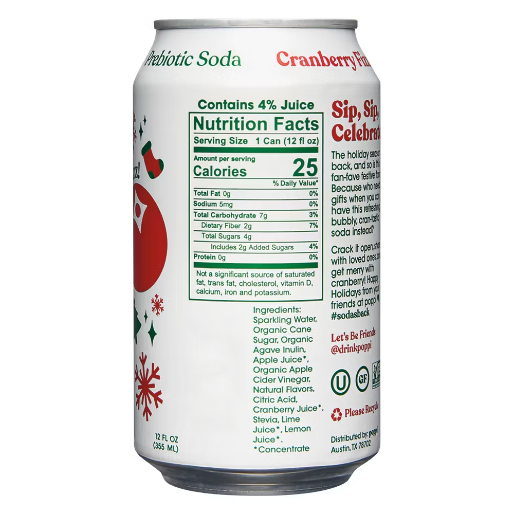 Poppi Cranberry Fizz can, back with nutrition facts