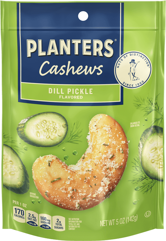 Planters Dill Pickle Cashews 5 oz bag, front