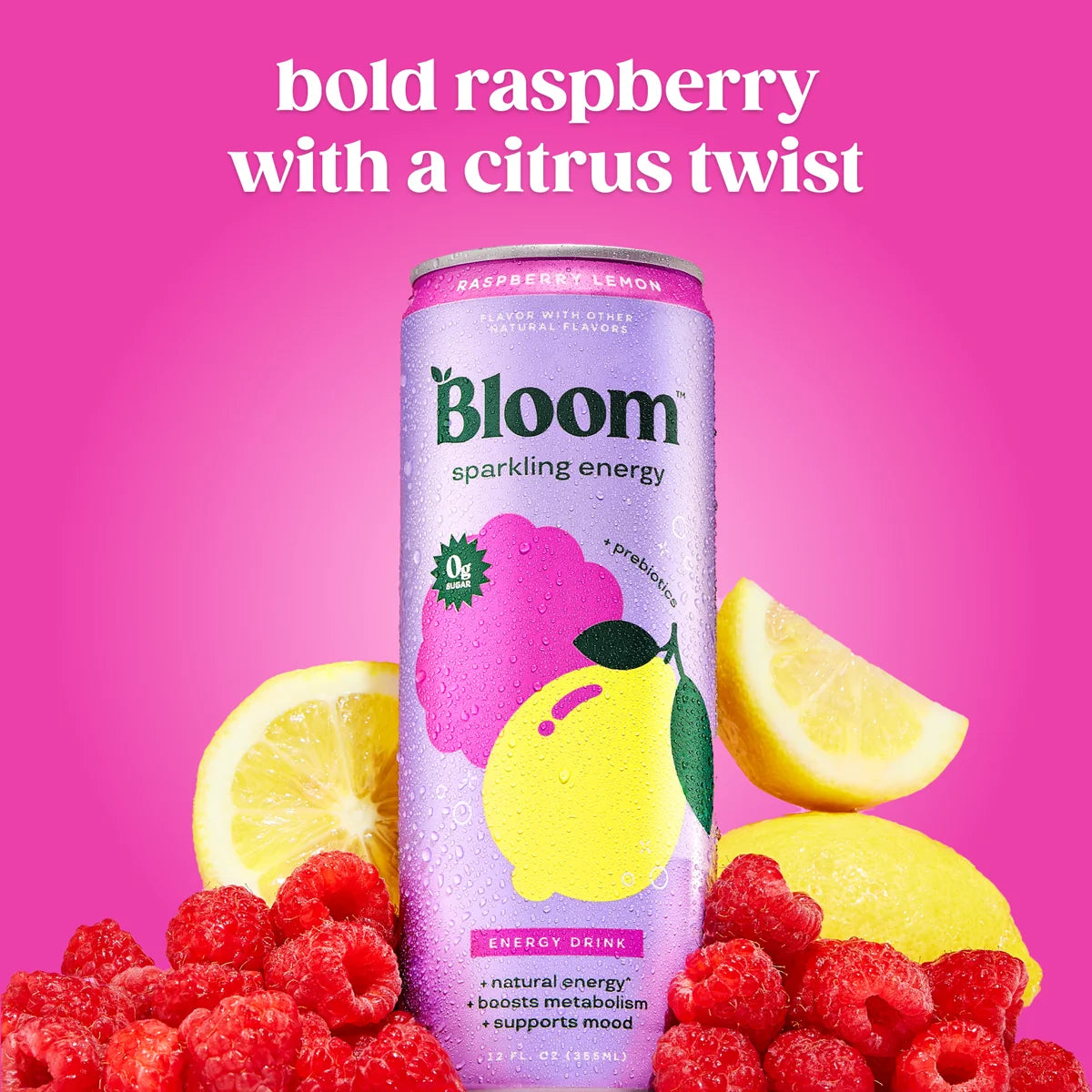 Bloom Sparkling Energy Drink, Raspberry Lemon - 1 x 355ml