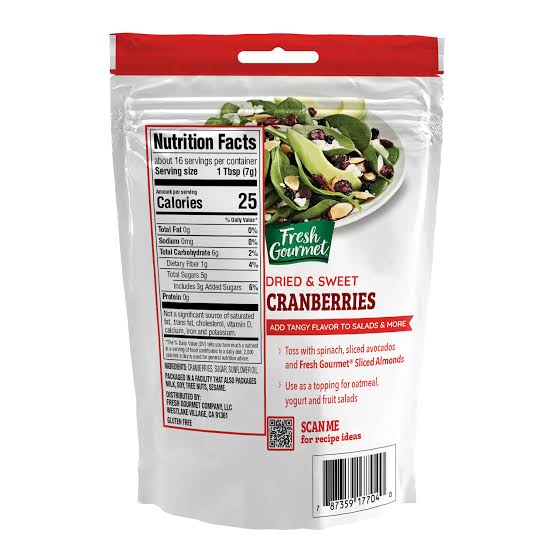 Fresh Gourmet Dried & Sweet Cranberries - 1 x 113g