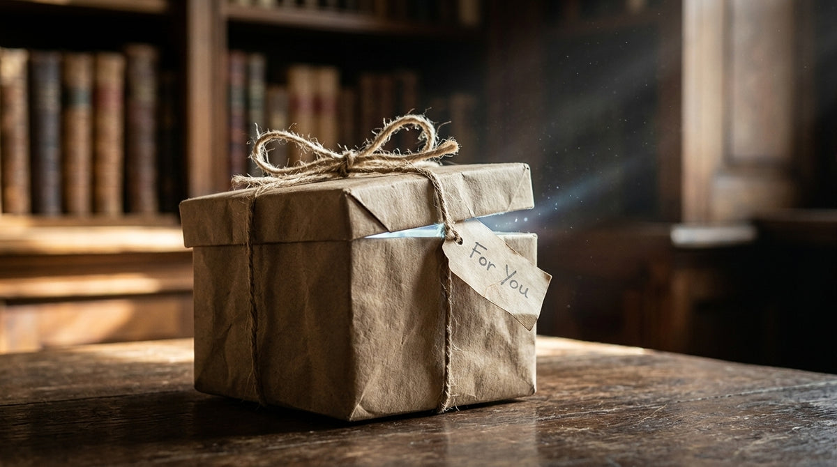 Mystery gift wrapped in brown paper with a For You tag